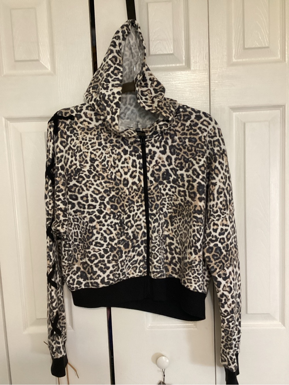Leopard-Print Hooded Zip Bomber Jacket - Beige/Black